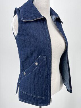 Vintage 70s Mushroom Quilted Dark Denim Zip Vest Jr 5/6 (Fits Womens XS / S)
